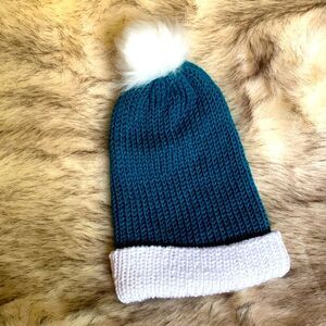 Pagoda Teal and White Brim Beanie w/ White Pom Pom - Hand Knit By Douglas